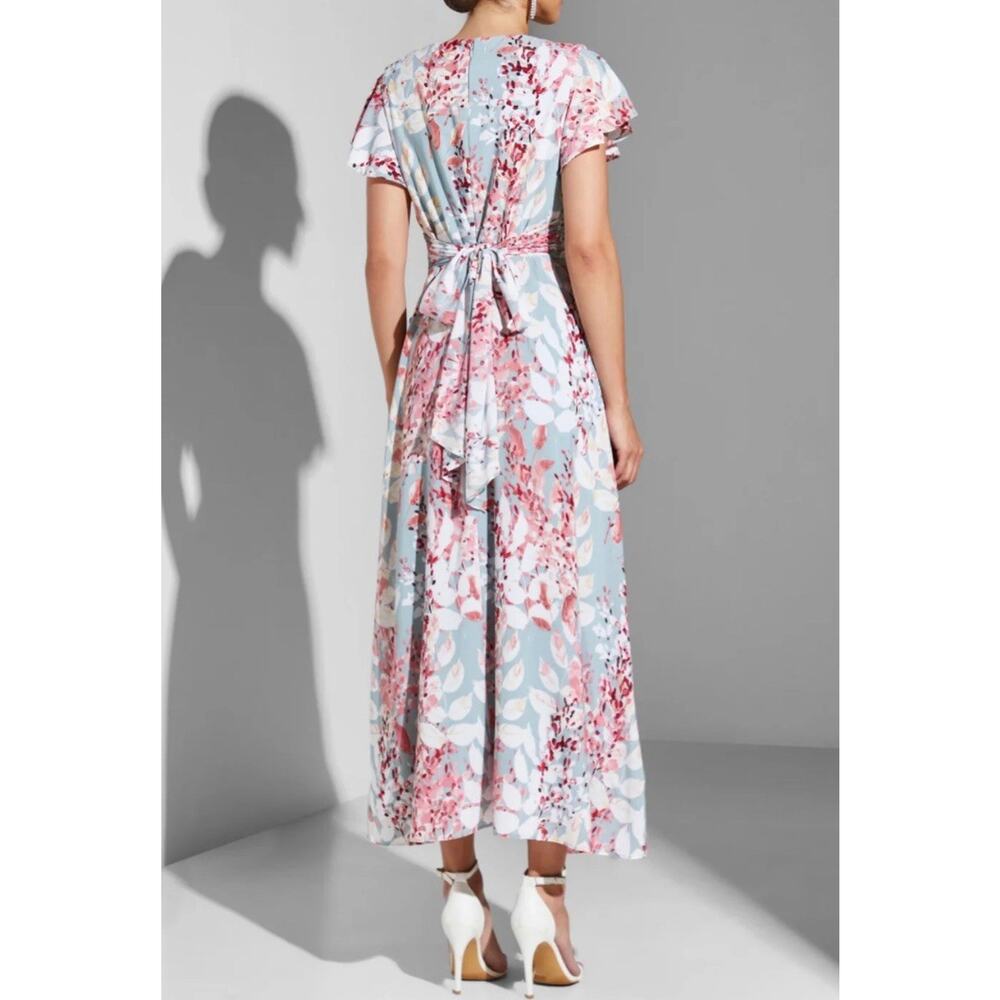Adrianna Papell Light Blue and Pink Floral V-Neck Flutter Sleeve Wrap Midi Dress - Picture 2 of 9